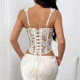 Summer Sweet 3D Flower Mesh Embroidery Corset Tank Top Chic Beige Ruffles Lace Trim Teel Ring Fishbone Tied Rope Camisole Vest