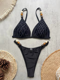 Sexy Pearls Strap Hole Out Micro Bikini Women Brown Knitted Push Up Bra Thong Swimsuit Summer Bathing Suit Holiday Swimwear 2026
