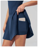 Bodycon Tennis Dress with Shorts Pocket Women Speed Dry Sleeveless V Neck One Piece Sport Outfit Short Dress Fitness Yoga Set