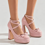 Big Size 45 Women's Sweet Pink Mary Jane 10.5cm High Heels Pumps Lolita Round Toe Bow Cross-Strap Platform Chunky Heel Shoes