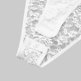 Sexy White Lace Bodysuit Women Solid Color Long Sleeve Sheer Corset Top Autumn Ruffles V Neck See Thourgh Slim Fit Jumpsuit