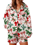 Women's 2025 Satin Christmas Pajama Set Long Sleeve Lapel Bow Print Shirt Wide Leg Shorts Loose Two Pieces Sleepwear