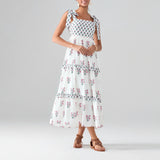 Flower Print Tie Strap Swing Dress Women A-Line Square Neck Tiered Ruffled Summer Bohemian Beach Long Tank Dress