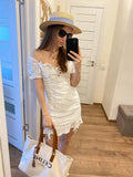Lace up embriodery white summer dress women hollow out beach short dress puff sleeve ruffle ruched bodycon mini dress vestidos