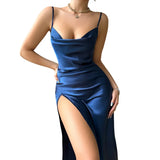 Sexy Solid Silk Satin Slip Nightdress Women's Sleepwear Draped Collar Split Backless Sleep Dress Nightgown Dresses