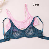 2 Pcs Sexy Womens Lace Bra Underwire BH Hollow Out Perspective Underwear Lingerie BH Tops Plus Size Brassiere B C D E Cup