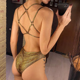 Sexy Golden Sequins Cross Back One Piece Swimsuit Women Swimwear Female Scrunch Butt High Leg Cut Bather Bathing Suit Swim V4967