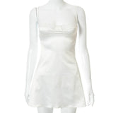 Women Summer Mini Dress Spaghetti Strap Lace Trim Corset Backless Satin Dress Retro Sexy Elegant Club Dresses Female