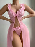 Pink Floral Sexy Lingerie Dress Women Nighties Exotic Babydolls Slip Nightdress Deep-V Lace Mesh See Through Nightgowns
