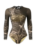 2026 Printed Mesh Swimsuit One Piece & Beach Dress Long Sleeves Swimwear Women Bathing Swimming Swim Suit Padded Beachwear