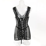 Toucheart 2PCS Lace See-through Hollow Out Sexy Interesting Thin Model Pajamas Panty Slim High Waisted Women Sexy Pajamas Set