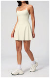 Women Tennis Dress with Shorts Pocket Square Neck Hollow Back Sleeveless One Piece Sports Outfit Fitness Pleate Mini Dresses