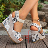Bohemian Floral Printed Wedge Heel Sandals Women Summer Slip On Chunky Platform Sandles Woman Elastic Strap High Heels Sandals
