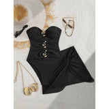 XS - L 6 Colors One Piece Swimsuit Female With Skirt Cut Out Women Swimwear Bandeau Metal Ring Bather Bathing Suit Swim V8108