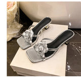 Women Sandals Flower Decor Low Heels Sandals Elegant Point Toe Pumps Fashion Ankle Strap High Heels shoes women slides women