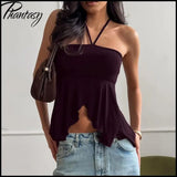 Phantasy Fashion Halter Crop top Fashion Brown Tank Top Women Sexy Split Camisole Lady Night Out Streetwear 2026 Summer Clothing