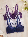 3Pcs Sexy Lace Women's Bra Crisscross Straps Underwire Push-Up Bralette Thin Soft Fashion Lingerie