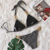 Halter Ribbed Metal Chains Diamond Bikini Women Swimsuit Female Swimwear Two-pieces Bikini Set Bather Bathing Suit Swim Lady