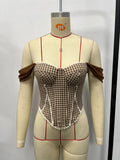 Retro French Jacquard Red Plaid Camisole 2026 Women Sexy Lace Trim Spliced Off Shoulder Chest Wrapped Fishbone Chest Party Tops