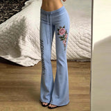 Retro rose letter print low-waist drawstring flared trousers, slim fit and versatile casual trousers