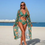 Blue Leopard Print Bikini Set Large Size Women Front Tie Push Up High Waist Swimsuit 2026 Long Sleeve Cover Up 3 Piece Swimsuit