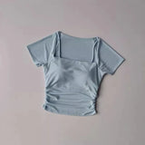 Women's yoga fitness short sleeved T-shirt, fixed chest cushion mesh fake two-piece yoga training fitness top