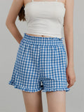 Women's Plaid Shorts Casual Loose Fitting Elastic Waist Shirred Ruffled Trim Short Pants Lounge Shorts