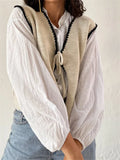 Women's Knit Waistcoat Contrast Color Trim Lacing Closure V-Neck Sleeveless Knit Sweater Vest Cardigan Outerwear