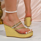 Fashion Crystal Wedges Heels Sandals Women Woven Clip Toe Chunky Platform Sandles Woman Summer Gold Silver High Heeled Slippers