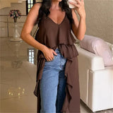 Summer Women Irregular Long Camisole Top Casual Ruffles Split V-Neck Spaghetti Straps Tank Tops Sleeveless Shirts