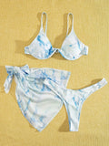 Marble Print V-Bar Underwired Bikini Women Swimsuit Female Swimwear Three-pieces Bikini Set Push Up Bathing Suit Beach Sarong