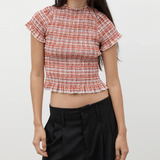 Women Casual Summer Plaid Print Shirred Tops Slim Mock Neck Short Sleeve Crop Ruffle T-shirts Streetwear