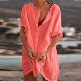 Cotton Linen Breathable And Comfortable Mid Length Oversized Button Down Half Sleeve O-neck Cardigan Casual Beach Suncreen Top