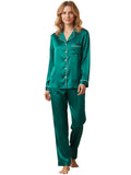Women's Satin Two Pieces Pajama Sets Fashionable Contrast Color Trim Long Sleeve Button Down Tops with Pants Soft Sleepwear