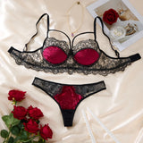 Sexy lingerie with floral see-through bra.The allure of a lingerie set for Valentine's night. BlackRed bra panties set ZA825166