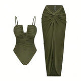 Vintage Green V Neck Pleate One Piece Swimsuit Long Skirt Sets 2026 Women Holiday Tummy Control Bathing Suit Swimwear Monokini