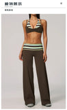 Fake Two-piece Sports Bra Yoga Sets Women Coffee Striped Patchwork Folding High Waist Wide Leg Pants Gym Running Fitness Suits