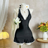Vintage Black White Patchwork One Piece Swimwear Women 2026 V Neck Hollow Out Slim Bathing Suits Tummy Control Dress Swimsuit