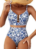 Women Sexy Floral Bikini High Waist Tummy Control Floral Bikini U Line Cross Back Padded Bikini Two Piece Beach Swimsuit