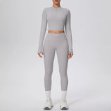 New Women Yoga Set Solid Color Double-Sided Brushed Bare Feel Short Long-Sleeve Jacket Tight Pants Running Fitness 2-Piece Set