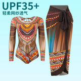 2025 Long Sleeve Sheer Sun Protection One-Piece Set Swimsuit Women Sexy Rash Guard Swimwear Bodysuit Beachwear With Cover up