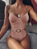 Ribbed Push up Underwired Metal Chain Women Swimwear One Piece Swimsuit Female Waist Belt Monokini Bather Bathing Suit Swim Lady