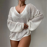 S - XL New V Neck Long Sleeve Crochet Knitted Tunic Beach Cover Up Cover-ups Beach Dress Beach Wear Beachwear Female Women V8284
