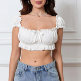 Sexy Off Shoulder Crop Tops Women Summer Slim Frill Trim 3D Bow Backless Short Sleeve Crop Shirts