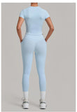 Women Tracksuit Yoga Sets Short Sleeve Slim Sports T Shirts Workout Clothes Outdoor Tight High Waist Pocket Pants Fitness Suits