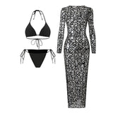 Sexy Hole Out Mesh Long Sleeve Dress 3 Piece Swimsuit 2026 Women Black Summer Push Up Thong Bikini Holiday Bathing Suit Swimwear