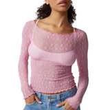 Sexy Lace Hot Girl Crop Tops Fashion Women Spring Autumn Long Sleeve Slim Fit Sheer T-Shirts Casual Streetwear Solid Basic Tees