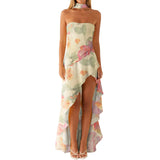 Women Flower Printed Tube Dress Summer Strapless Ruffles High Split Dress with Scarf for Party Cocktail Streetwear