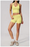 2PCS Yoga Set Women V-neck Cross Neck Shock-absorbing Sports Vest Workout Pleate Flip High Waist Shorts Gym Runing Fitness Suits