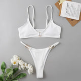Sexy Ribbed Metal Rings High Cut Bikini Female Swimsuit Women Swimwear Two-pieces Bikini Set Micro Thong Bathing Suit Swim Lady